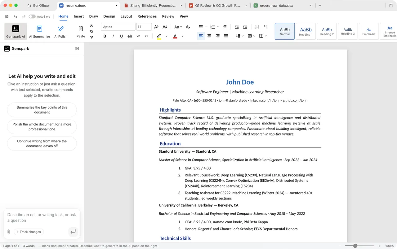 Editing a document with the AI panel open