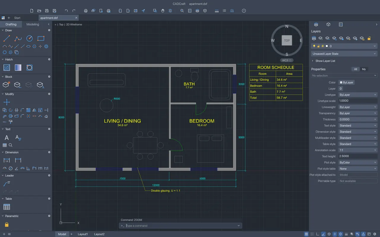An apartment floor plan with hatched walls, room labels and dimensions