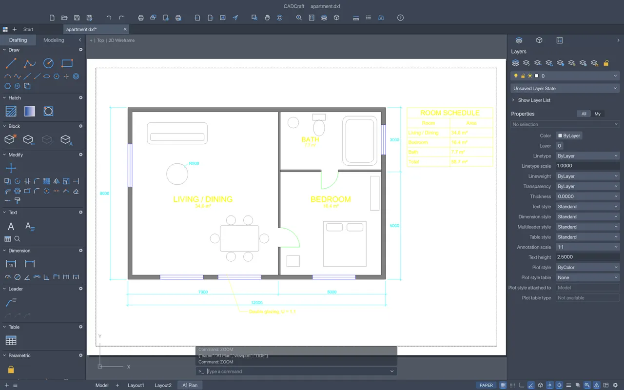 A paper-space layout with a scaled viewport