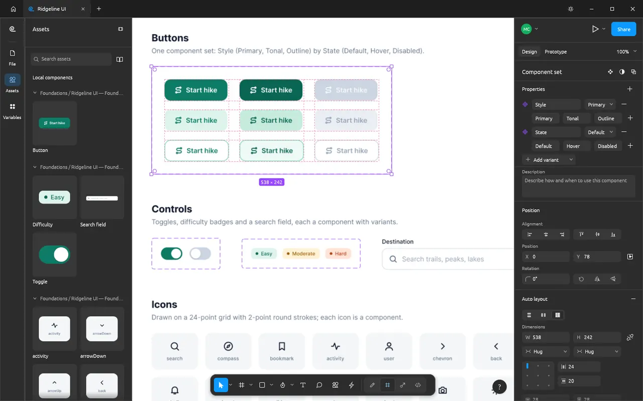 A button component set with style and state variants