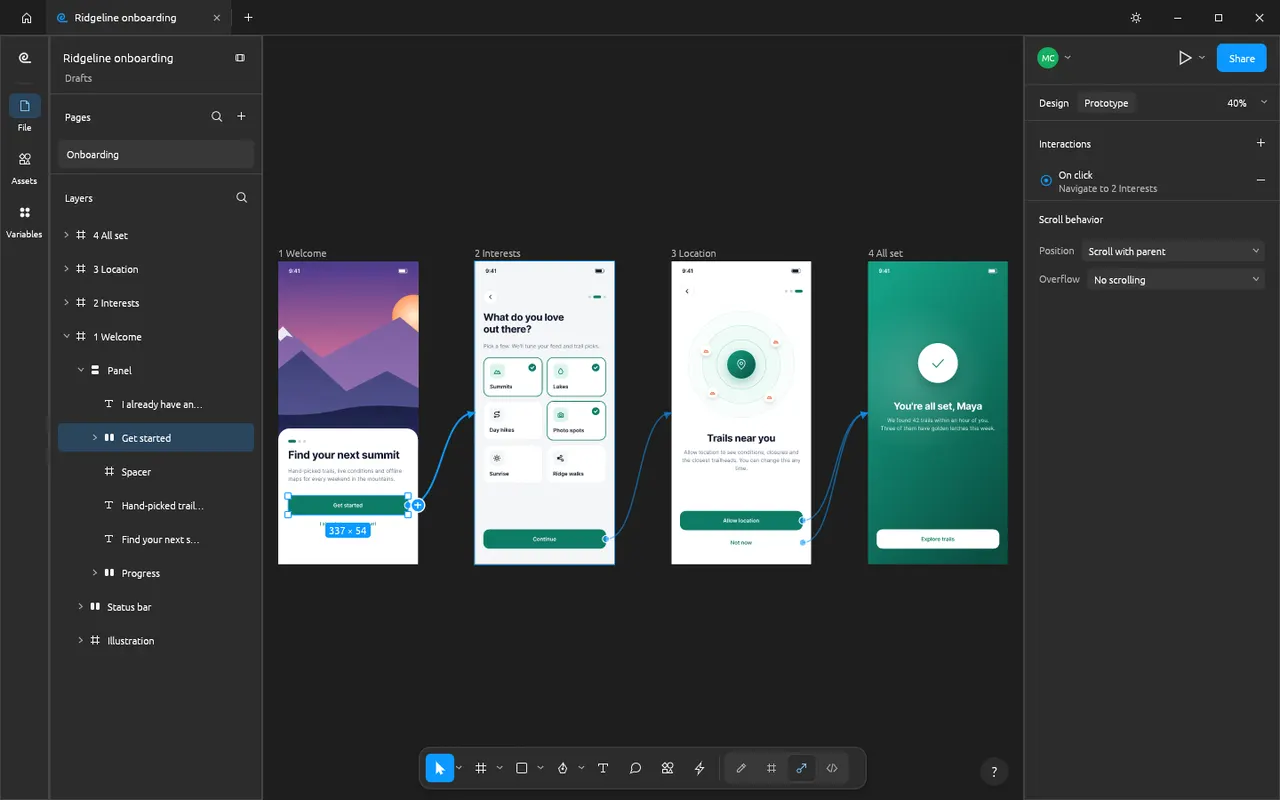 An onboarding flow wired up as a clickable prototype