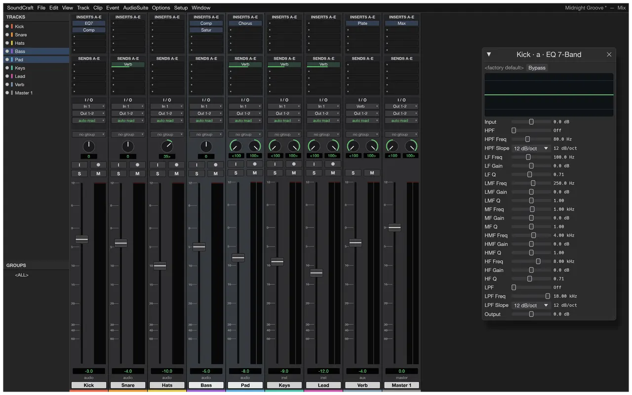 The Mix window with inserts, sends and an EQ plugin