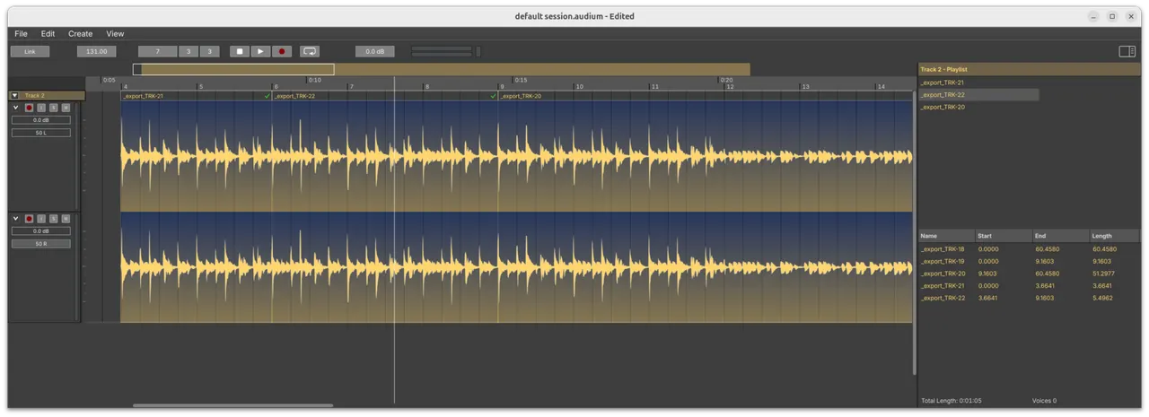 Editing a multitrack session: clips on the timeline, per-track playlist and region list