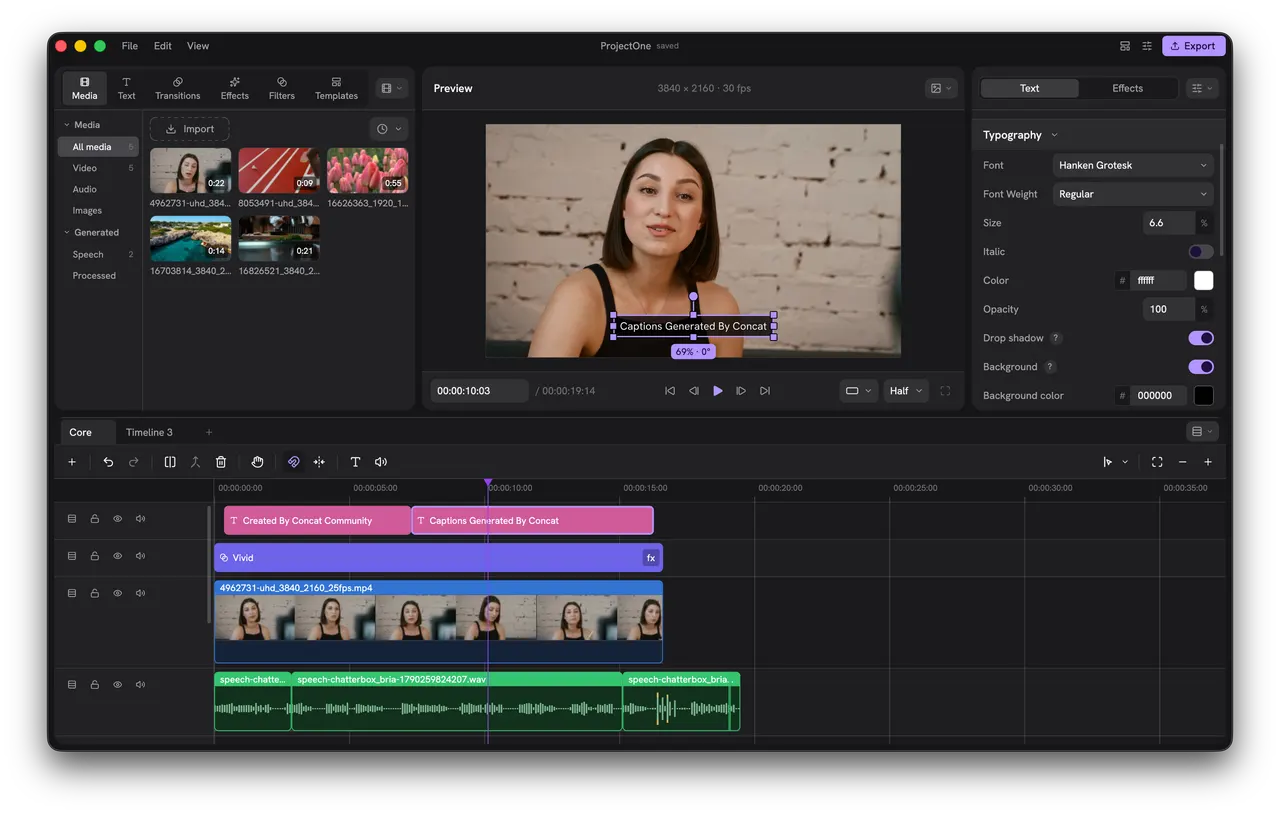 The editor: media bin, monitor, inspector and multi-track timeline
