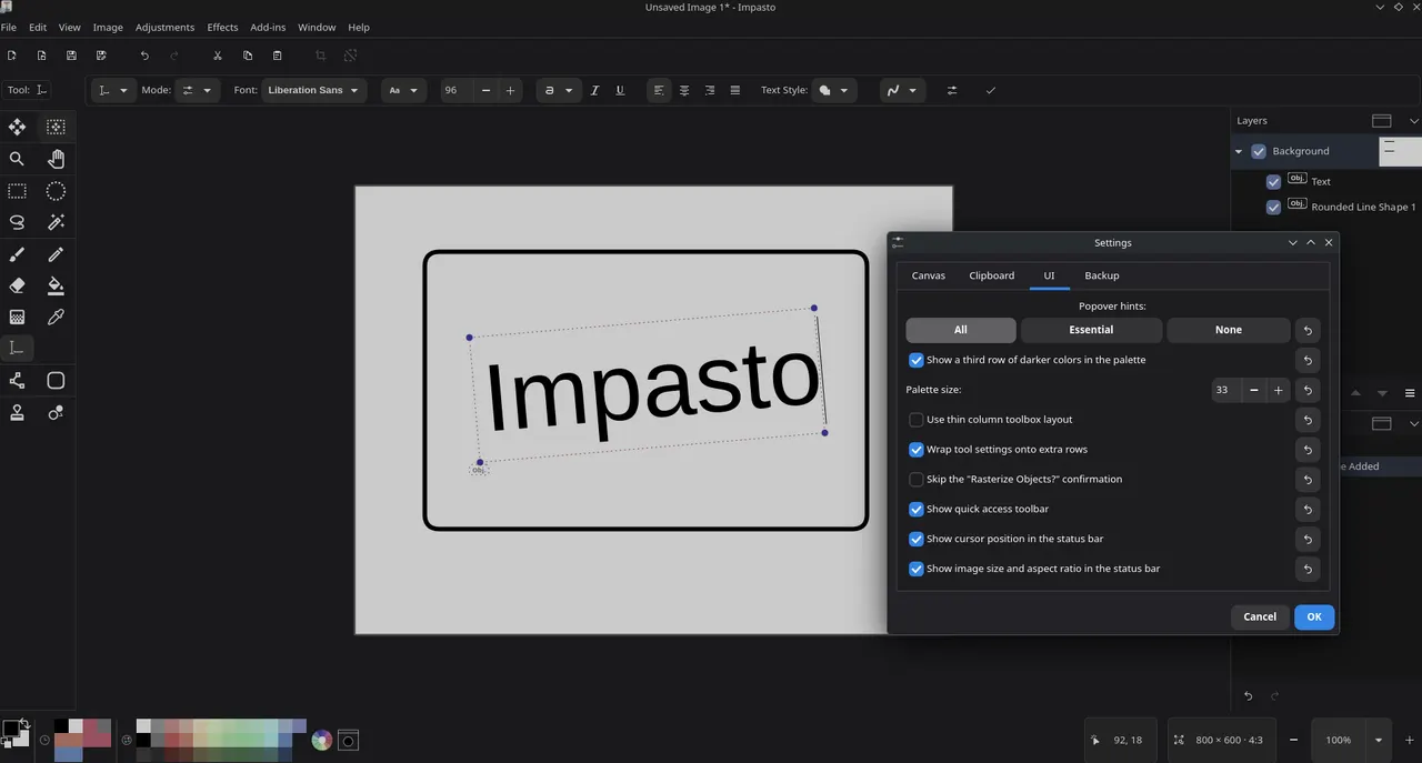 The text tool, with the UI preferences dialog open