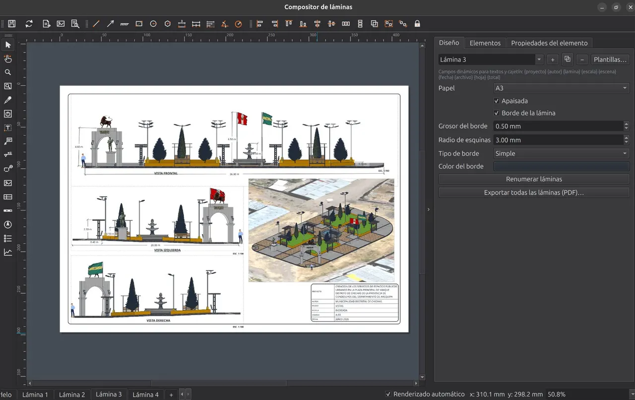 The sheet composer: to-scale plans with dimensions and a title block