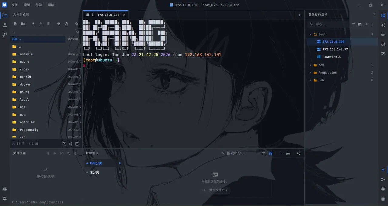 An SSH session with the file browser, saved connections and quick commands