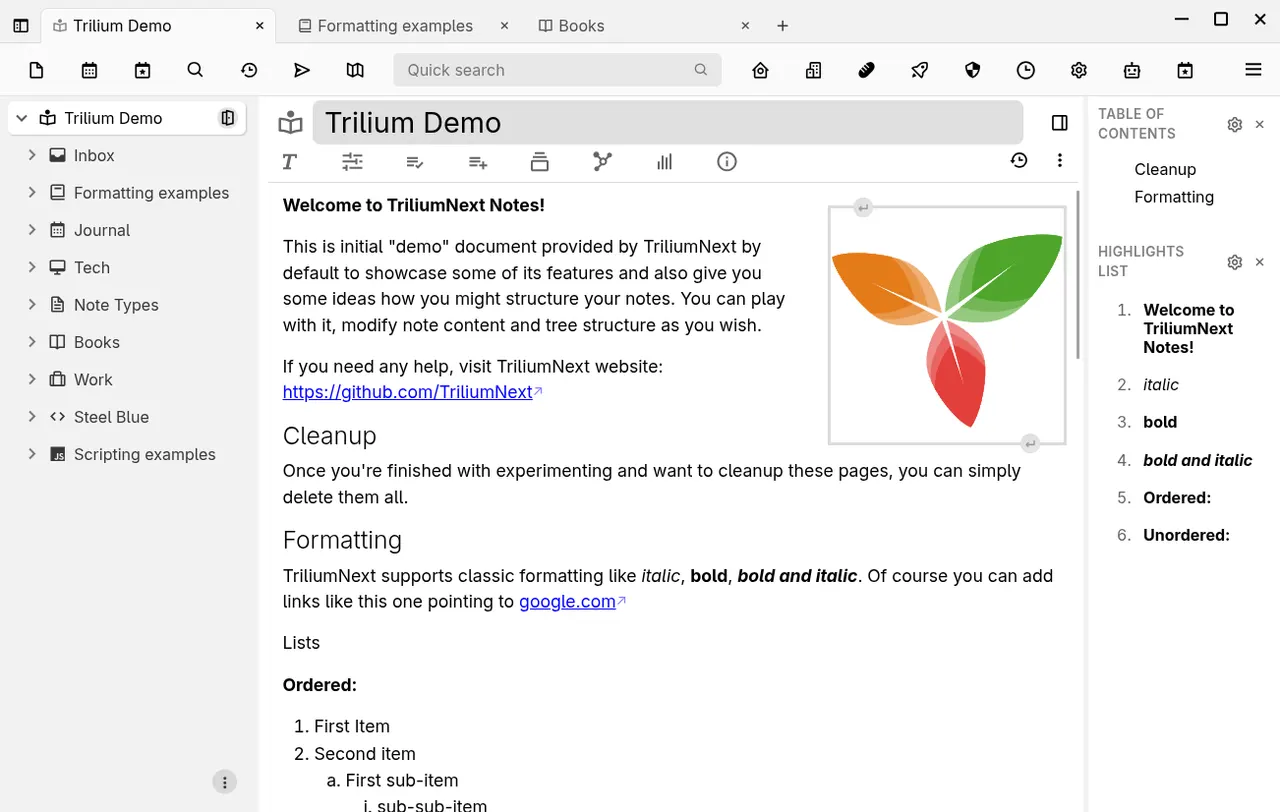 Hierarchical note tree and rich text editor (light theme)