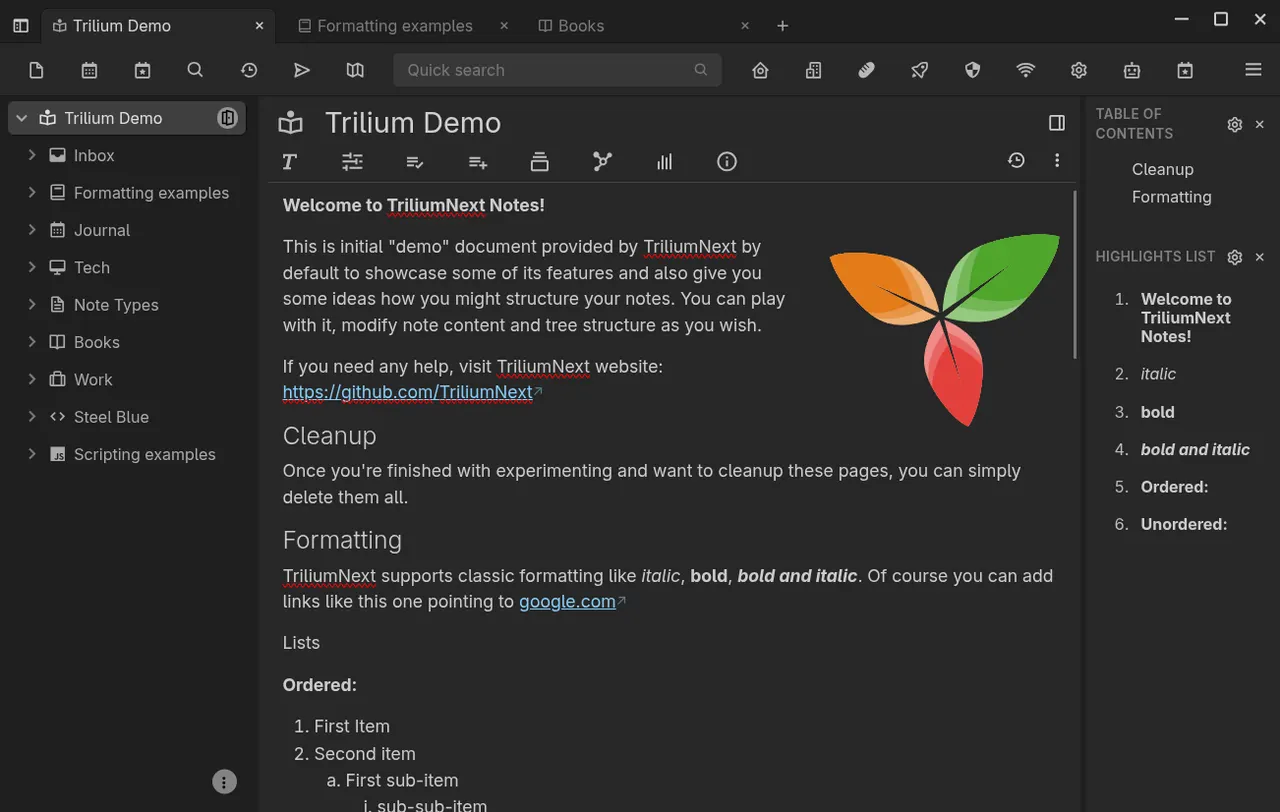 Hierarchical note tree and rich text editor (dark theme)
