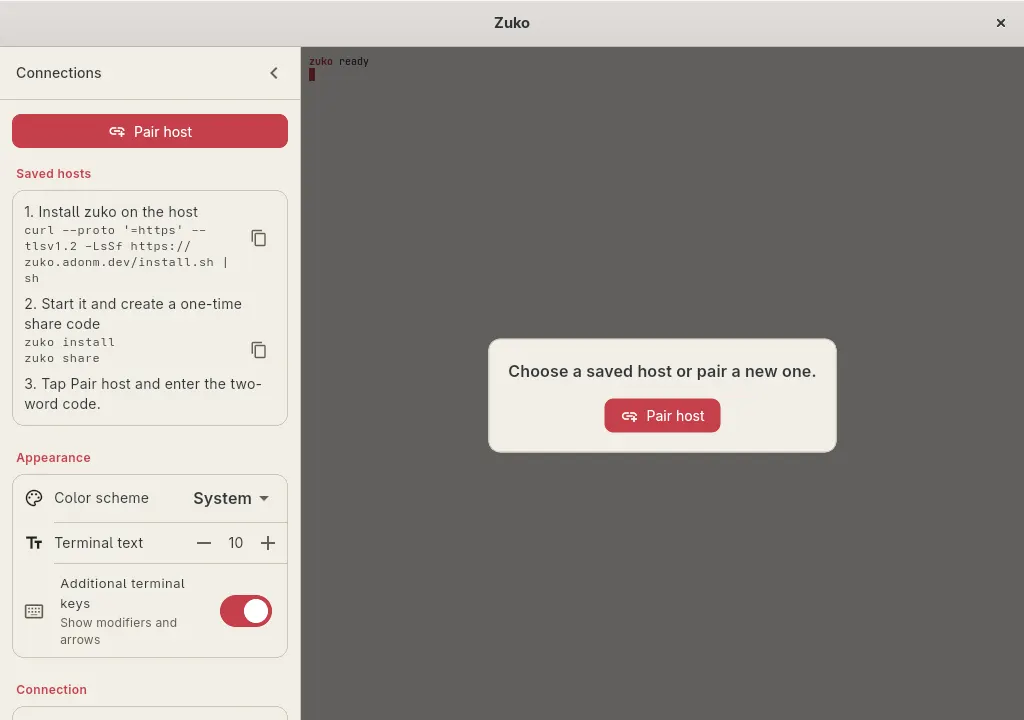 Zuko's Linux client ready to pair with a host