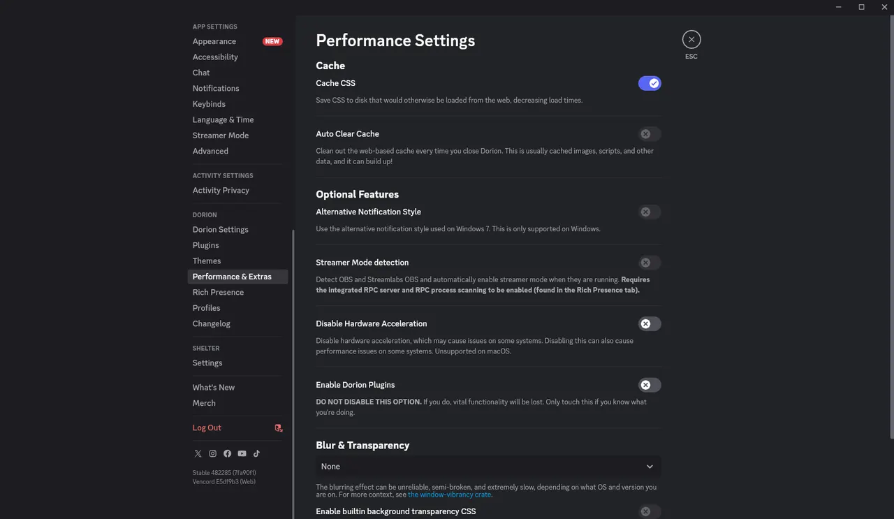 Performance settings