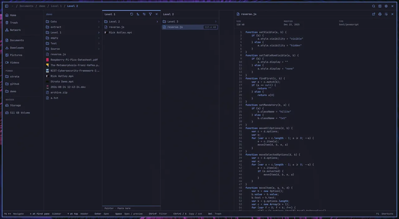 Columns, Icons and List views, search, a context menu and settings