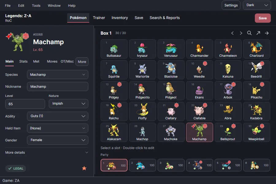 Pokémon editor with a Pokémon Legends: Z-A save in the dark theme
