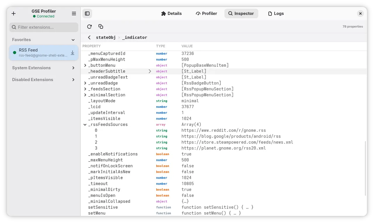 Inspector for browsing extension stateObj properties at runtime