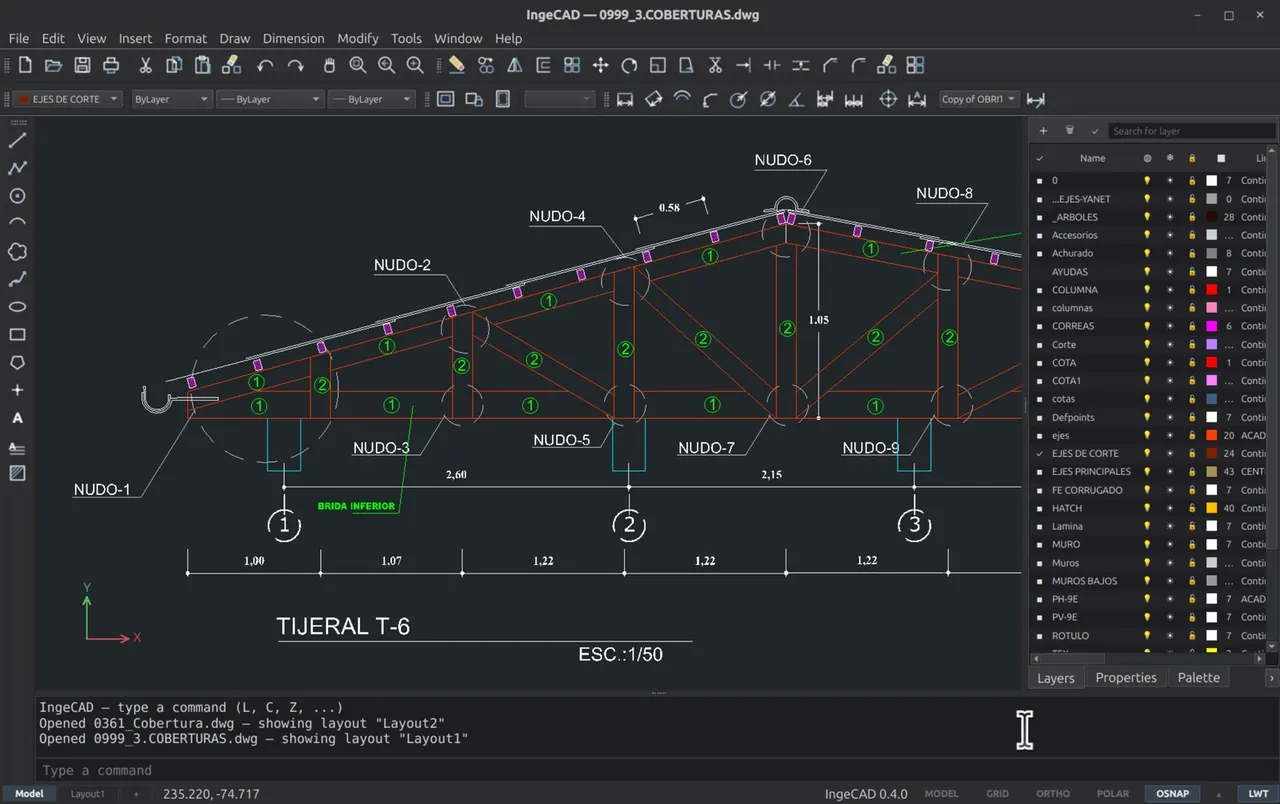 A truss detail with the layers manager and classic toolbars