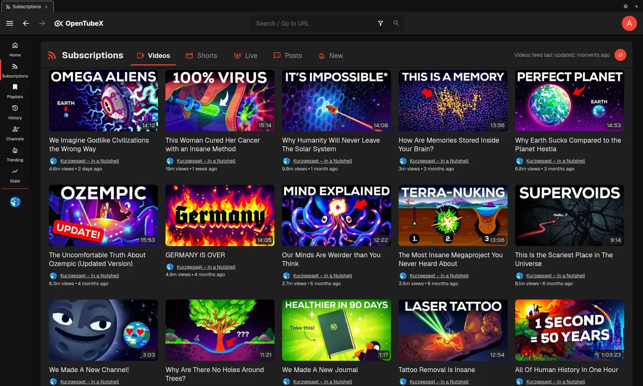 The main OpenTubeX window (dark theme)
