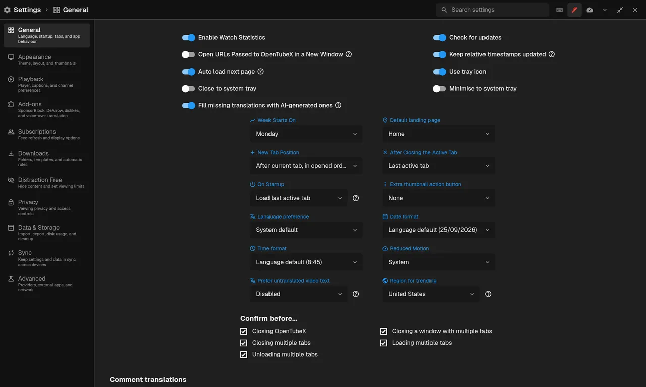 Settings (dark theme)