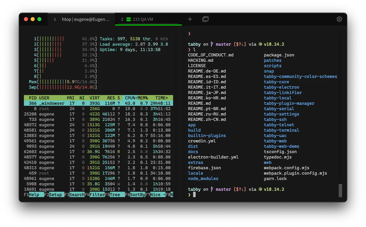 Tabby with split terminal panes