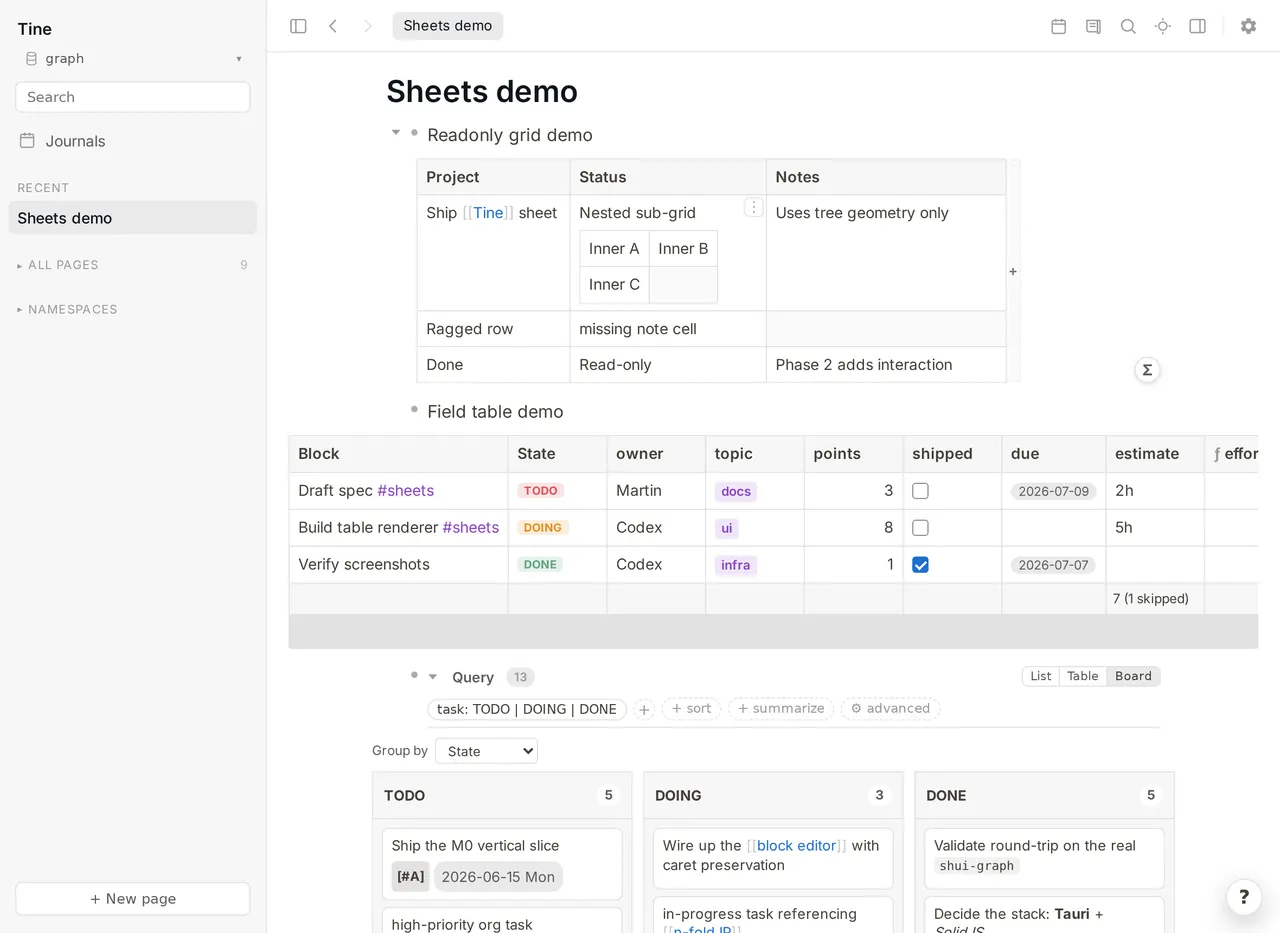 Sheets — grid, field table, and board over plain bullets