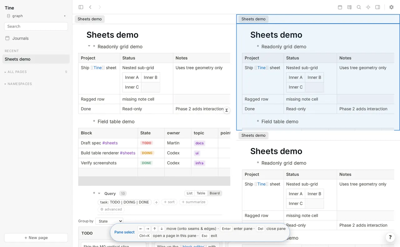 Split view with pane-select highlighting