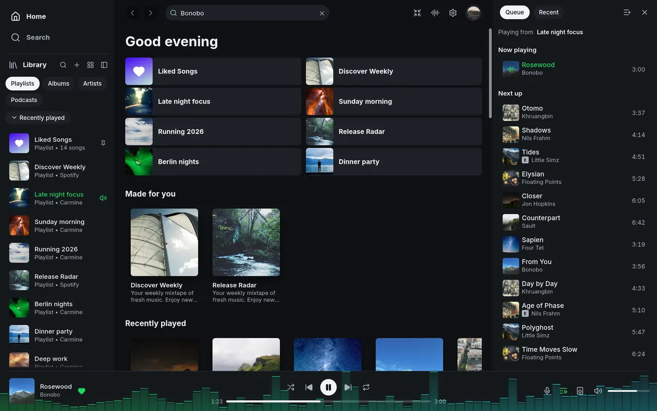 Spotifast showing a playlist, with the queue open and a track playing on a remote speaker
