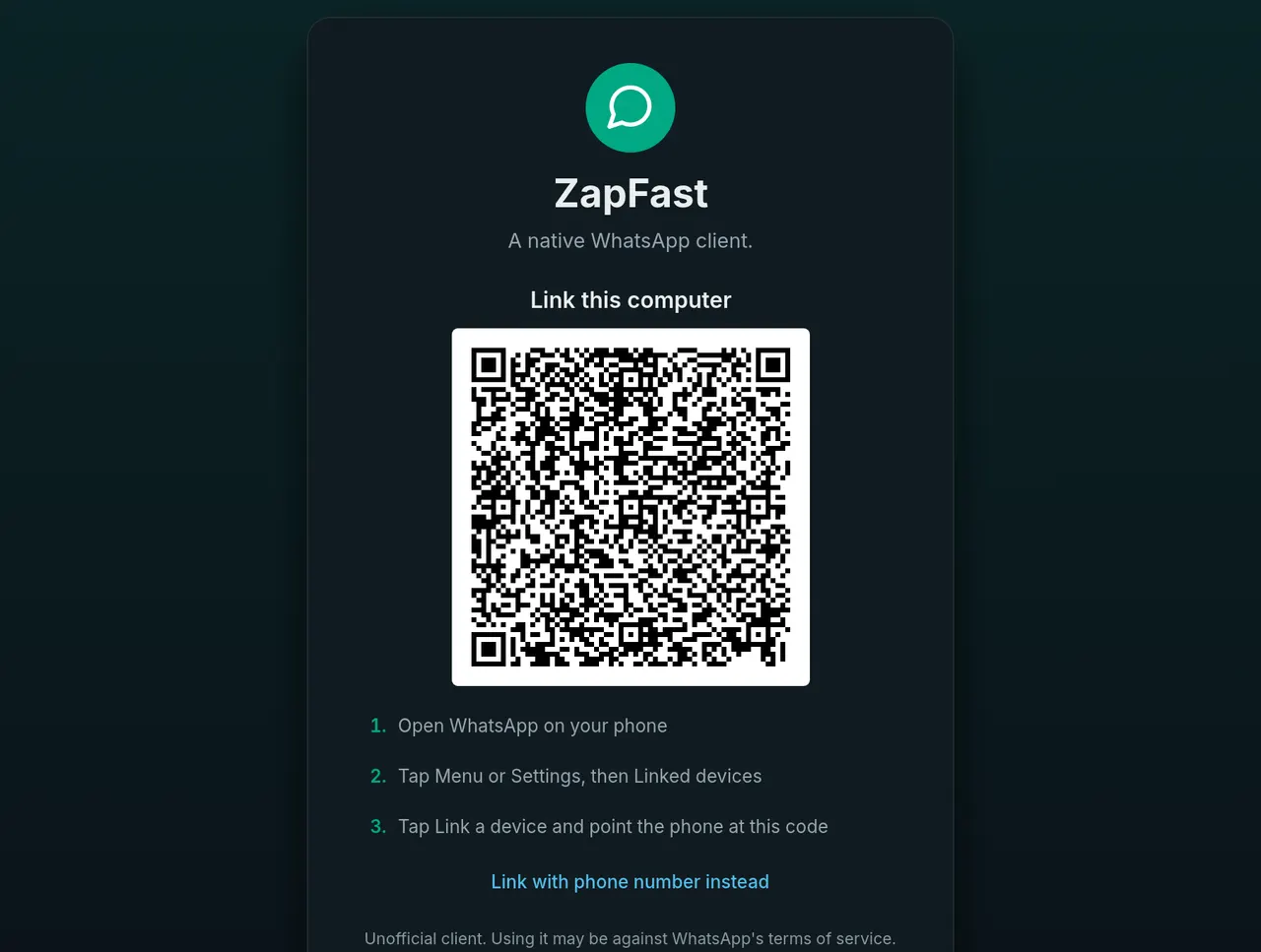 The linking screen with the QR code to scan from your phone